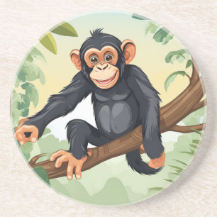 Dessous De Verre En Grès Chimpanzée avec sa mignonne queue sur la branche s