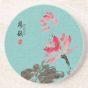 Dessous De Verre En Grès Chinoiserie Freehand Watercolor Lotus Flower Green