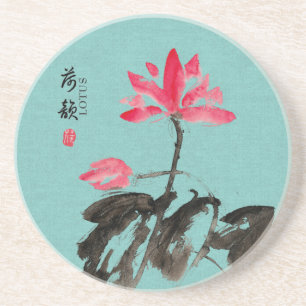 Dessous De Verre En Grès Chinoiserie Libre Aquarelle Lotus Fleurs