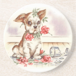 Dessous De Verre En Grès chiot avec rose