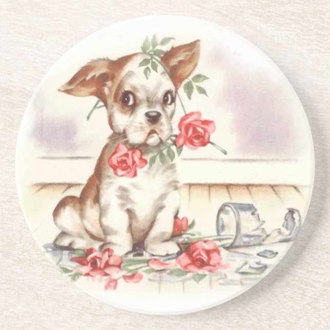 Dessous De Verre En Grès chiot avec rose (Devant)