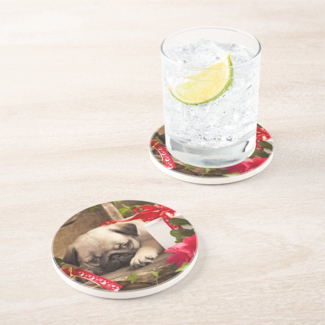 Dessous De Verre En Grès Chiot et boîte-cadeau de carlin (Côté)