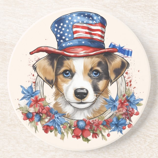 Dessous De Verre En Grès Chiot patriotique 4 juillet fête de l'indépendance (Devant)
