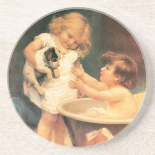 Dessous De Verre En Grès Chiot Prenant Un Bain Vintage Antique