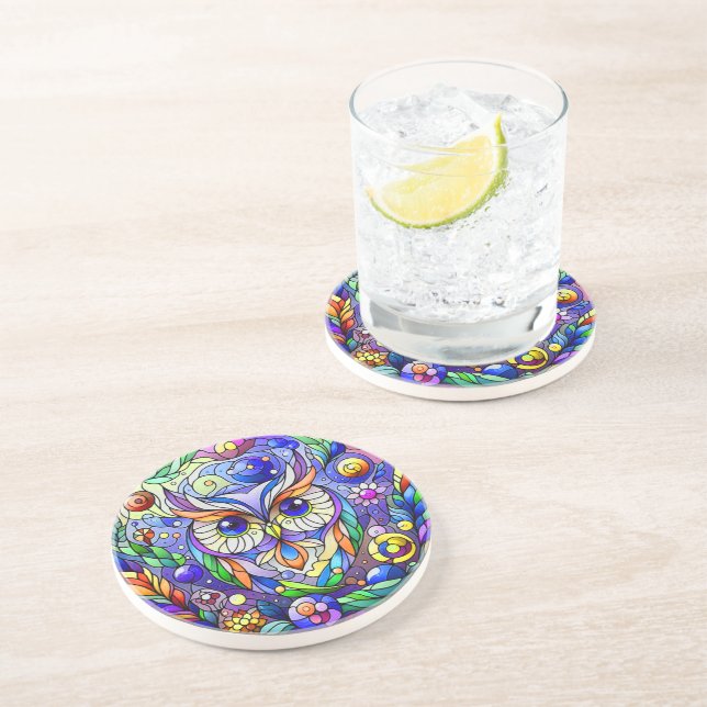 Dessous De Verre En Grès Chouette Whimsical Avec Yeux Sapphire (Côté)