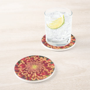 Dessous De Verre En Grès Chrysanthème rouge et jaune Floral
