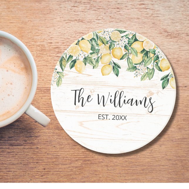 Dessous De Verre En Grès Citron jaune monogramme Bois blanc (In situ)