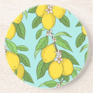 Dessous De Verre En Grès Citrons, Arrière - plan Bleu Vibrant sans couture.