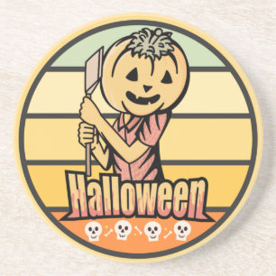 Dessous De Verre En Grès CITROUILLE vintage HALLOWEEN AVEC AX ET SKULL