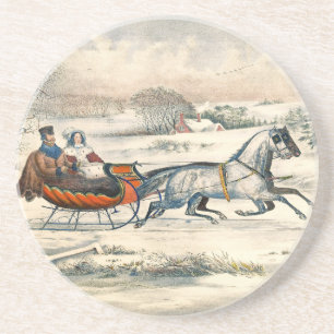 Dessous De Verre En Grès Classique 1853 Traîneau Currier Ives Route Hiver