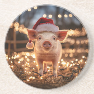 Dessous De Verre En Grès Cochon dans une ronde de chapeau de Père Noël