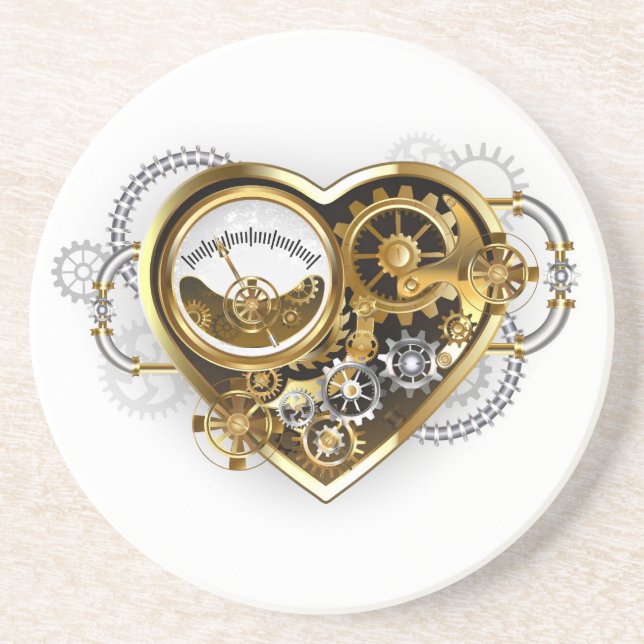 Dessous De Verre En Grès Cœur Steampunk avec un manomètre (Devant)