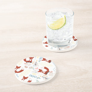 Dessous De Verre En Grès Coeurs de Fox mignonne tirant à la main en bleu ja