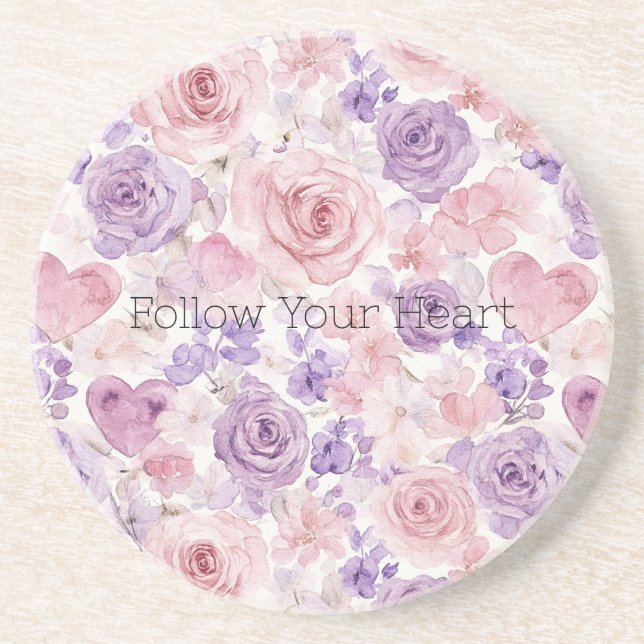 Dessous De Verre En Grès Cœurs Fleurs Rose Violet (Devant)