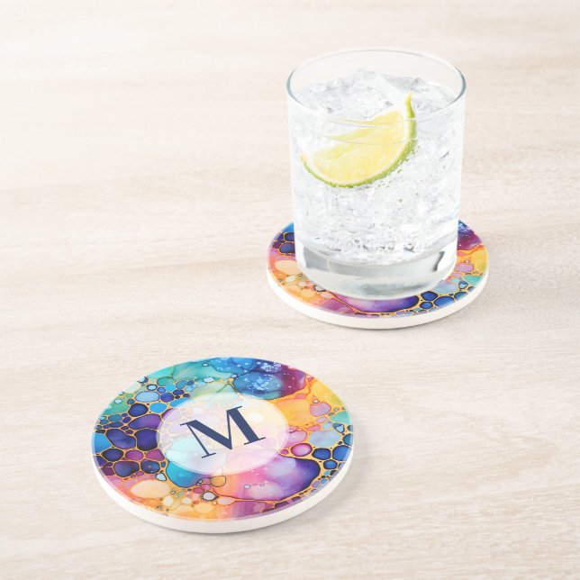 Dessous De Verre En Grès Coloré moderne alcool encre aquarelles monogramme (Côté)