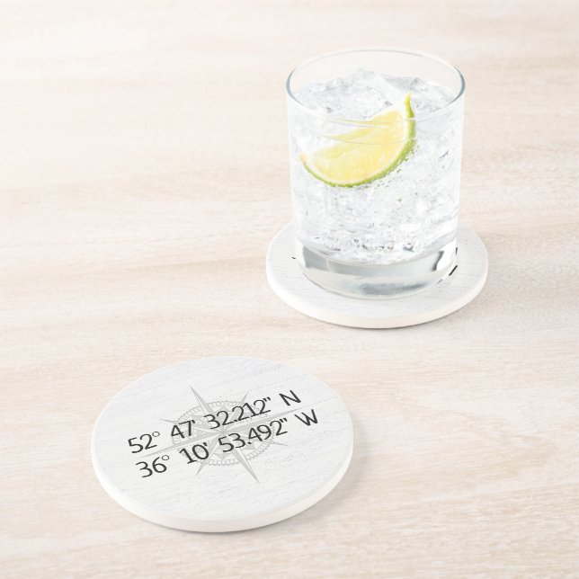 Dessous De Verre En Grès Compass GPS Home Coordinates On Wood (Côté)