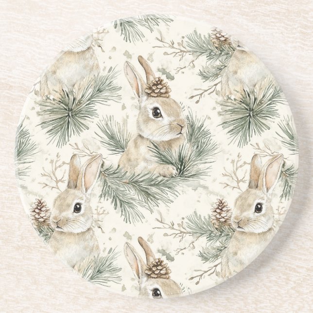 Dessous De Verre En Grès Cônes de pin verts Lapins de Pâques Noël (Devant)