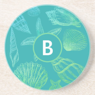 Dessous De Verre En Grès Coquillage Nom du monogramme Plage Turquoise Bleue