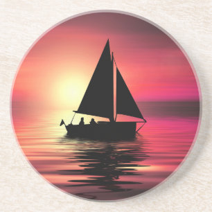 Dessous De Verre En Grès Coucher de soleil, Bateau à voile dans la mer-3918
