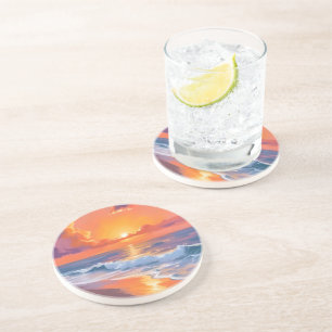 Dessous De Verre En Grès Coucher de soleil orange plage océan peinture à l'