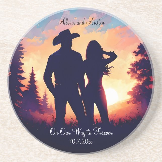 Dessous De Verre En Grès Couple de cow-boy pour l'anniversaire (Devant)
