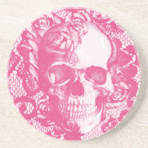 Dessous De Verre En Grès Crâne de rose de rose de Bubblegum sur la dentell