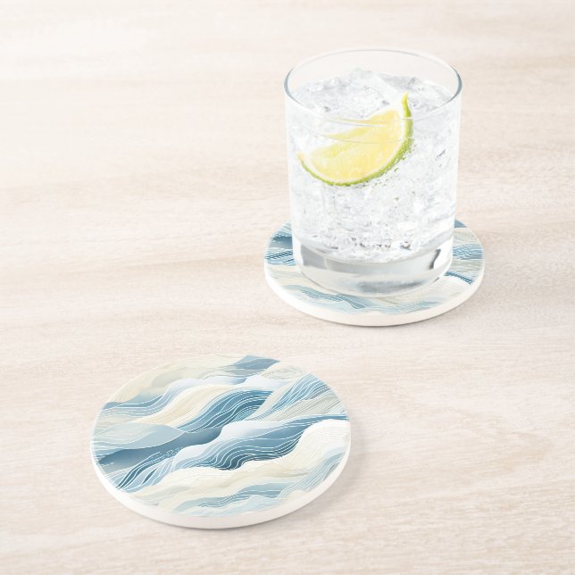 Dessous De Verre En Grès Crème Bleue Mer Sable Océan Vagues (Côté)