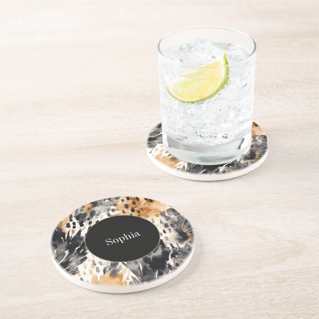 Dessous De Verre En Grès Crème noire blanche léopard animal (Côté)