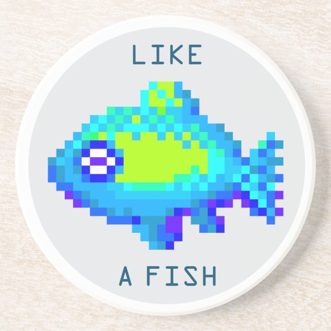 Dessous De Verre En Grès Cuisine 8 bits art pixel bleu et vert poisson (Devant)