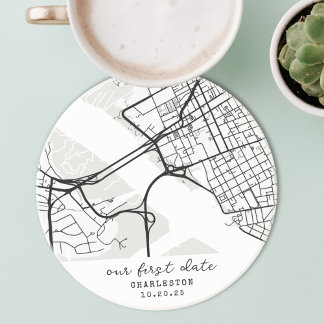 Dessous De Verre En Grès Custom Map "Where We Met" First Date Personalized