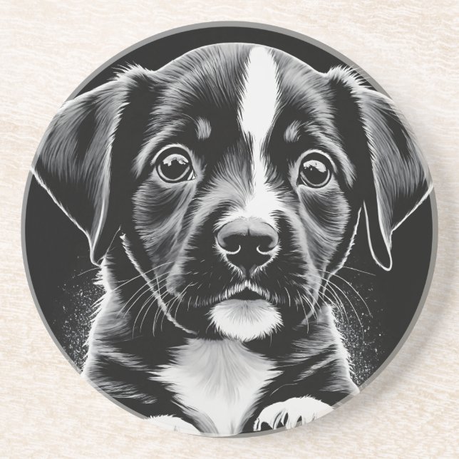 Dessous De Verre En Grès Cute Black & White Puppy – Dog Lover Coasters (Devant)