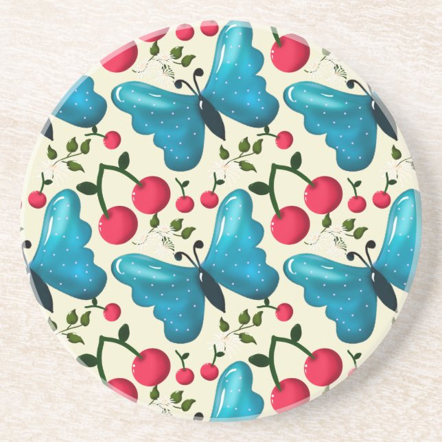 Dessous De Verre En Grès Cute Cherry Butterfly Pattern, Glossy Kawaii Fruit (Devant)