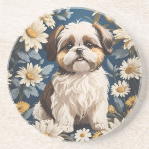 Dessous De Verre En Grès Cute Chih Tzu Chien Blanc Fleurs De Faisée