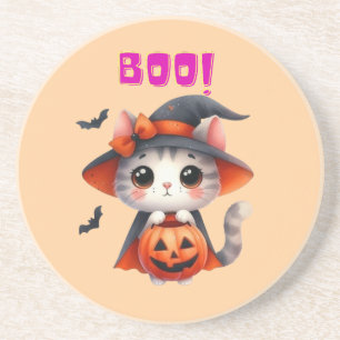 Dessous De Verre En Grès Cute Halloween Chat avec Citrouille et sorcière Ca