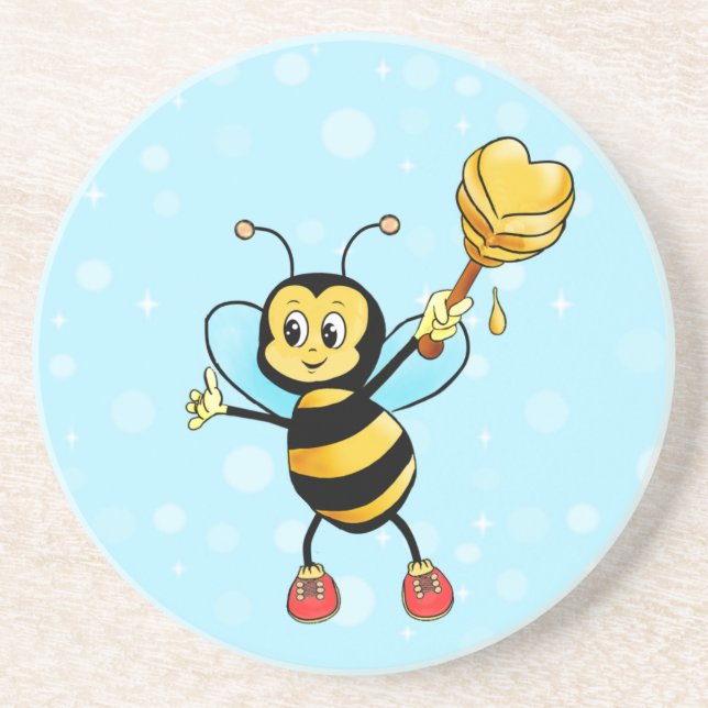 Dessous De Verre En Grès Cute Honey Bee & Heart on Light Blue (Devant)