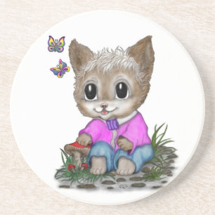 Dessous De Verre En Grès Cute Kitty Chat et Papillon