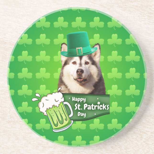 Dessous De Verre En Grès Cute Siberian Husky Chien Casquette St. Patrick's  (Devant)