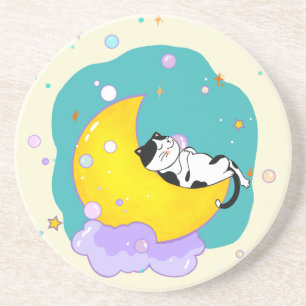 Dessous De Verre En Grès Cute Tuxedo Kitty Chat Dormir Sur La Lune
