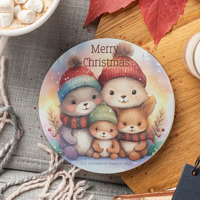 Dessous De Verre En Grès Cute Woodland Animal Family Merry Christmas (Créateur téléchargé)