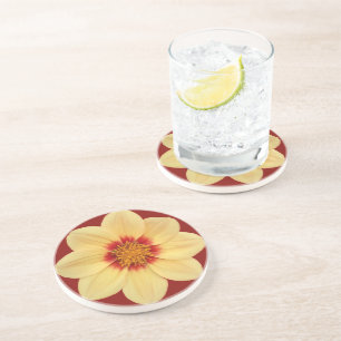 Dessous De Verre En Grès Dahlia jaune sur fond floral rouge brique