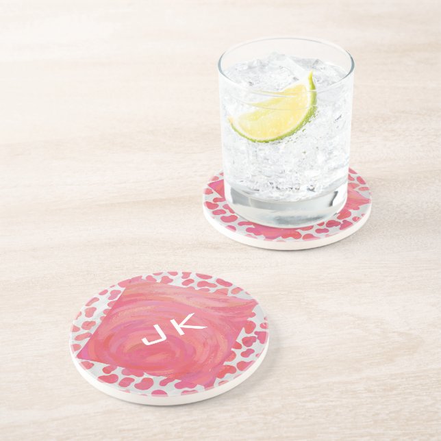 Dessous De Verre En Grès Dalmatie rose et blanc avec monogramme (Côté)