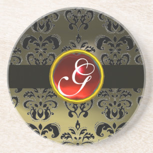 Dessous De Verre En Grès DAMAS NOIR ET GRIS Monogramme Rubis Rouge