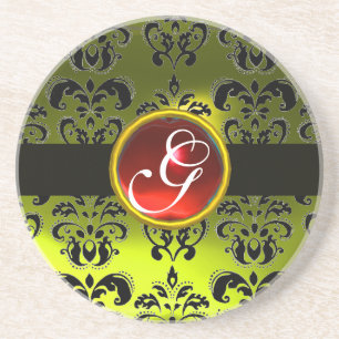 Dessous De Verre En Grès DAMASSÉ NOIR ET JAUNE Monogramme Rubis Rouge