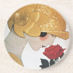 DESSOUS DE VERRE EN GRÈS DAME AVEC ROSE ROUGE