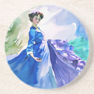 Dessous De Verre En Grès Dame en Robe Bleue - Peinture aquarelle