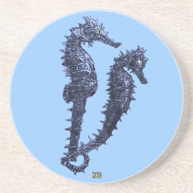 Dessous De Verre En Grès Danse Des Chevaux De Mer (Bleu) (Devant)