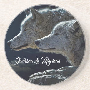 Dessous De Verre En Grès De beaux loups gris en pleine nuit