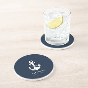 Dessous De Verre En Grès Décor nautique personnalisé bleu marine Nom du bat