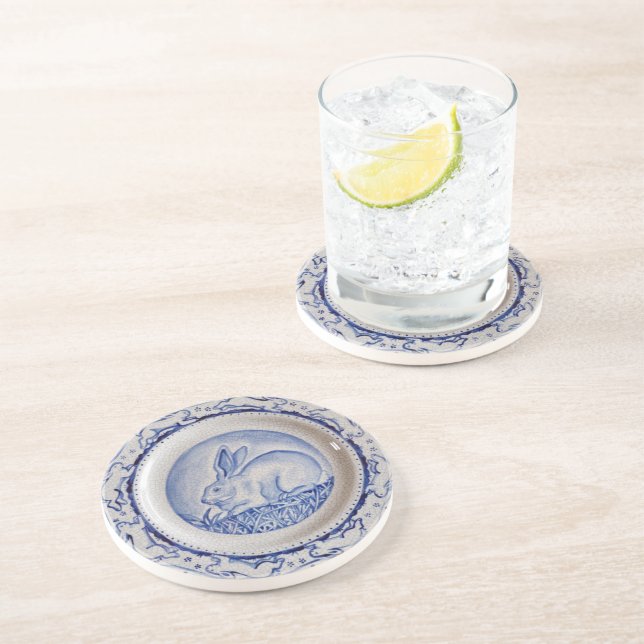 Dessous De Verre En Grès "Dedham Blue" & White Rabbit Plate Design Dessous  (Côté)