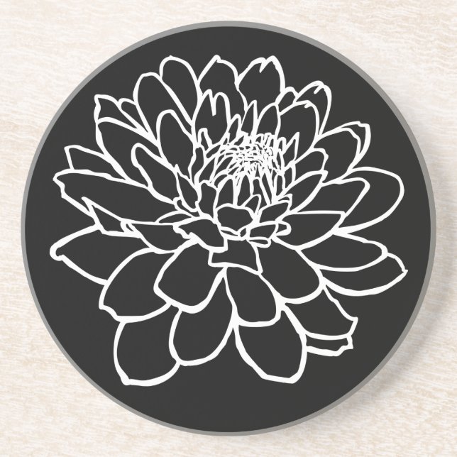 Dessous De Verre En Grès Dessin Chrysanthemum - Blanc sur noir (Devant)